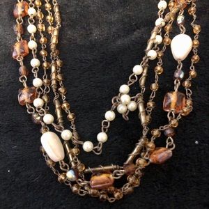 Vin. multi strand brn glass & pearl BOHO necklace